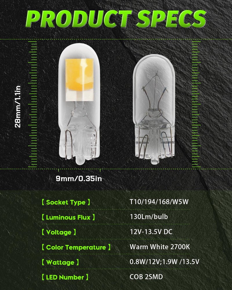 Alopee 10 Pack 194 Bulb Warm White LED 2700K Replacement for 168 194 W5W T10 Led Bulb RV Car Interior Lighting DC 12V Only - Image 3
